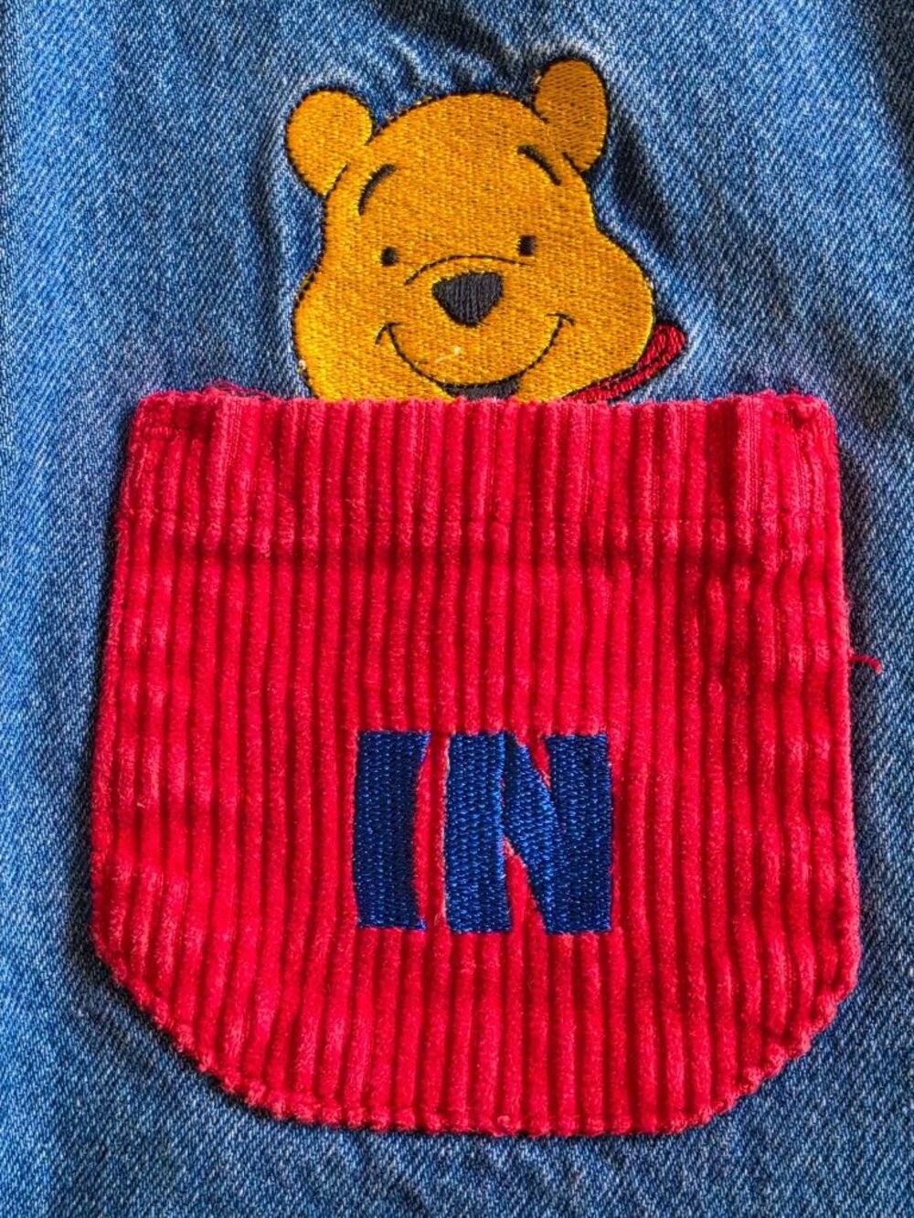 VTG 90s Disney Winnie the Pooh Denim Romper Jumpsuit 18M Bentex In Out Coverall - Picture 3 of 12
